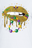 Weiße Party-Weinlese-Lippen bedruckte Patchwork-T-Shirts mit O-Ausschnitt