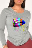 White Street Lips Printed Patchwork O Neck Tops