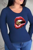 Marineblauwe Street Lips bedrukte patchwork O-hals tops