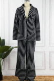 Black Casual Striped Patchwork Turn-back Collar Long Sleeve Two Pieces