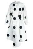 White Casual Print Polka Dot Patchwork With Belt With Bow Ribbon Collar A Line Plus Size Dresses