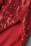 Vestidos de cuello en V de lentejuelas formales de fiesta sexy roja