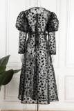 Black Casual Elegant Polka Dot Patchwork See-through Slit O Neck A Line Plus Size Dresses
