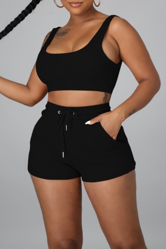 Black Casual Solid Basic U Neck Sleeveless Two Pieces