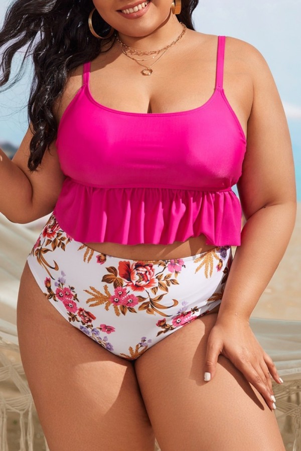 Rose Red Sexy Print Backless Spaghetti Strap Plus Size Swimwear (With Paddings)