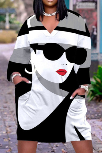 Grey Black Casual Street Print Patchwork V Neck Printed Dress Dresses