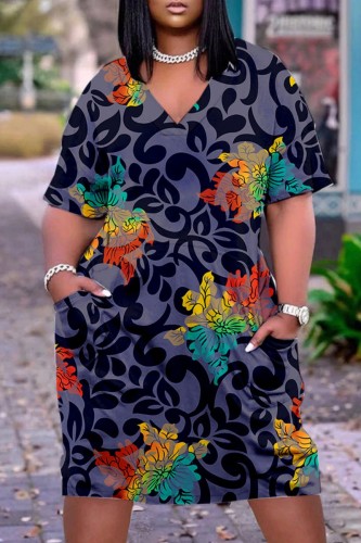 Tibetan Blue Casual Print Patchwork V Neck Short Sleeve Dress
