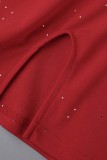 Rode sexy casual print effen patchwork backless v-hals mouwloze jurkjurken