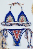 Синий сексуальный лоскутный бандажный купальник с открытой спиной (с прокладками)