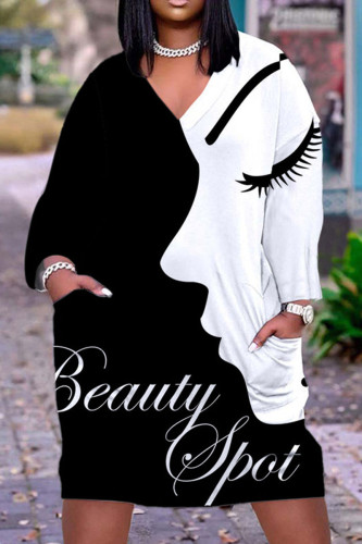 Black And White Casual Street Print Patchwork V Neck Printed Dress Dresses