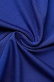 Blaues sexy Patchwork-heißes Bohren durchsichtiger Kontrast-O-Ausschnitt mit langen Ärmeln, zweiteilig