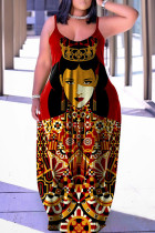 赤カジュアル プリント パッチワーク スパゲッティ ストラップ ランタン スカート プラス サイズのドレス