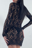 Vestidos de falda lápiz con cuello en V transparentes de patchwork sólido sexy negro