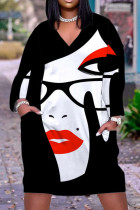 Zwarte casual straatprint patchwork jurk met V-hals en print