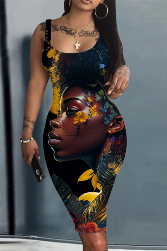 Black Gold Casual Print Patchwork U Neck One Step Skirt Dresses