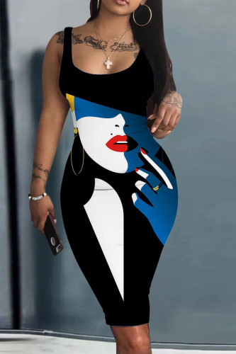 Blue Black Sexy Street Flag Print Patchwork U Neck Pencil Skirt Tank Bodycon Midi Dresses