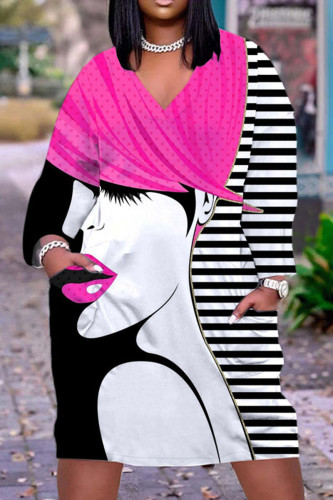 Rose Red Casual Street Print Patchwork V Neck Printed Dress Dresses