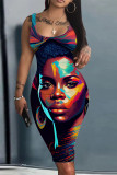 Powder White Casual African Girl Print Patchwork U Neck One Step Skirt Dress