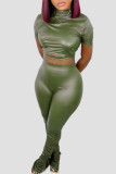 Зеленый сексуальный уличный твердый выдолбленный пэчворк Половина водолазки с коротким рукавом из двух частей