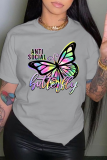 Серые сексуальные повседневные футболки с круглым вырезом в стиле пэчворк с принтом бабочки