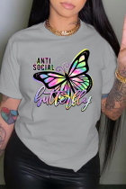 Grey Sexy Daily Butterfly Print Patchwork O Neck T-Shirts