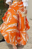 Orange Rot Casual Sweet Print Patchwork Stringy Selvedge Off the Shoulder Long Sleeve Two Pieces