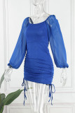 ブルー カジュアル ソリッド パッチワーク スクエア カラー ワンステップ スカート ドレス