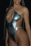 Silver Sexy Solid Bandage Patchwork Swimwears