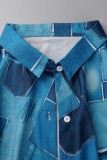 Blau Casual Print Basic Hemdkragen Langarm Kleider in Übergröße