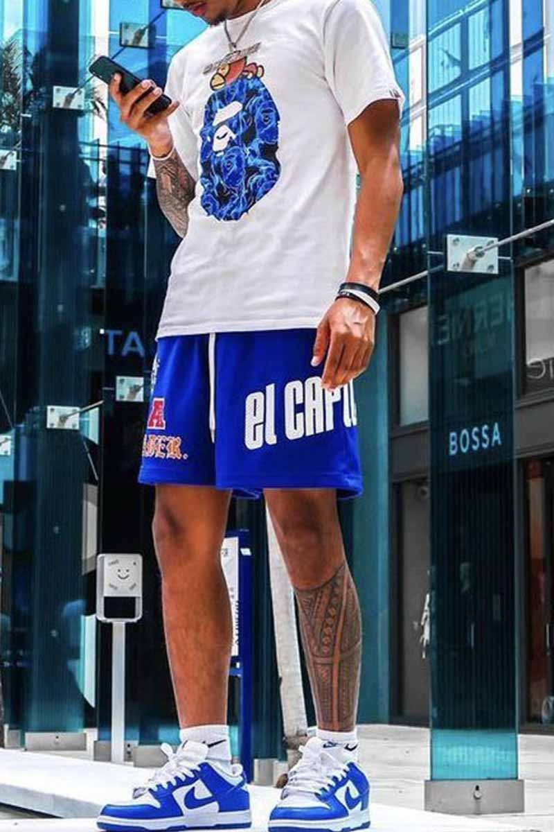 

Blue Street Print Letter O Neck Short Sleeve Two Pieces