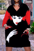 Черное красное повседневное уличное платье с принтом в стиле пэчворк с V-образным вырезом и принтом Платья