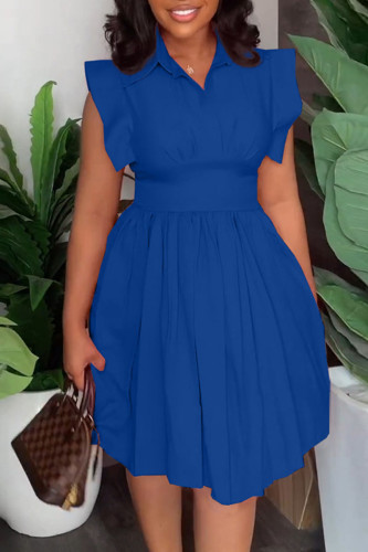Blue Casual Sweet Solid Patchwork Fold Turndown Collar A Line Dresses