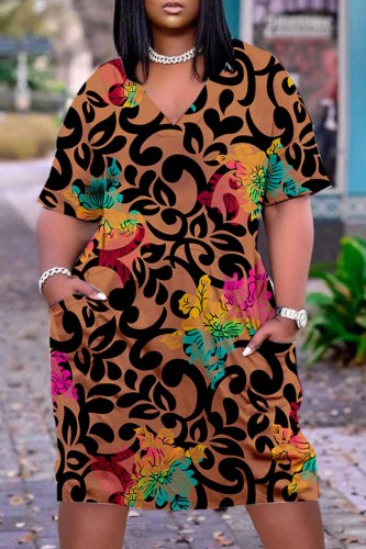 Light Brown Casual Print Patchwork V Neck Short Sleeve Dress