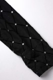 Negro sexy patchwork perforación en caliente transparente contraste o cuello manga larga dos piezas