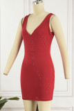Rode sexy casual print effen patchwork backless v-hals mouwloze jurkjurken