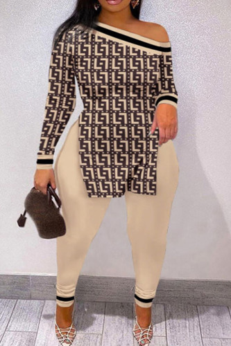 Cream White Casual Street Print Patchwork Slit Oblique Collar Plus Size Two Pieces