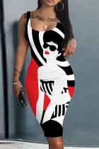 Red Black Sexy Street Flag Print Patchwork U Neck Pencil Skirt Tank Bodycon Midi Dresses