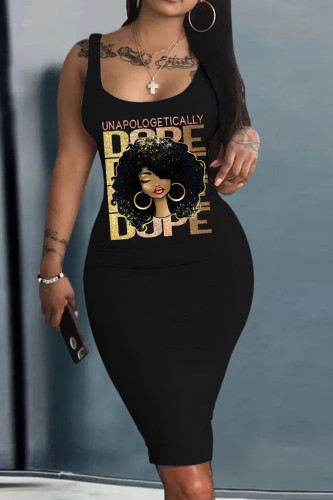 Black Casual Print Patchwork U Neck Pencil Skirt Tank Bodycon Midi Dress