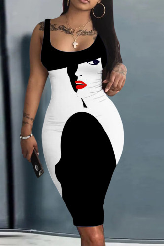 Black Sexy Street Flag Print Patchwork U Neck Pencil Skirt Tank Bodycon Midi Dresses