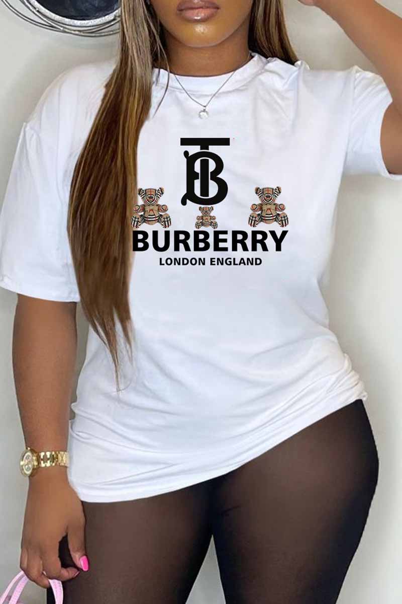 

White Casual Print Letter O Neck T-Shirts