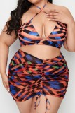 Multicolor Sexy Print Bandage Backless Halter Plus Size Swimwear Three Piece Set (With Paddings)