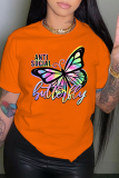 Red Sexy Daily Butterfly Print Patchwork O Neck T-Shirts