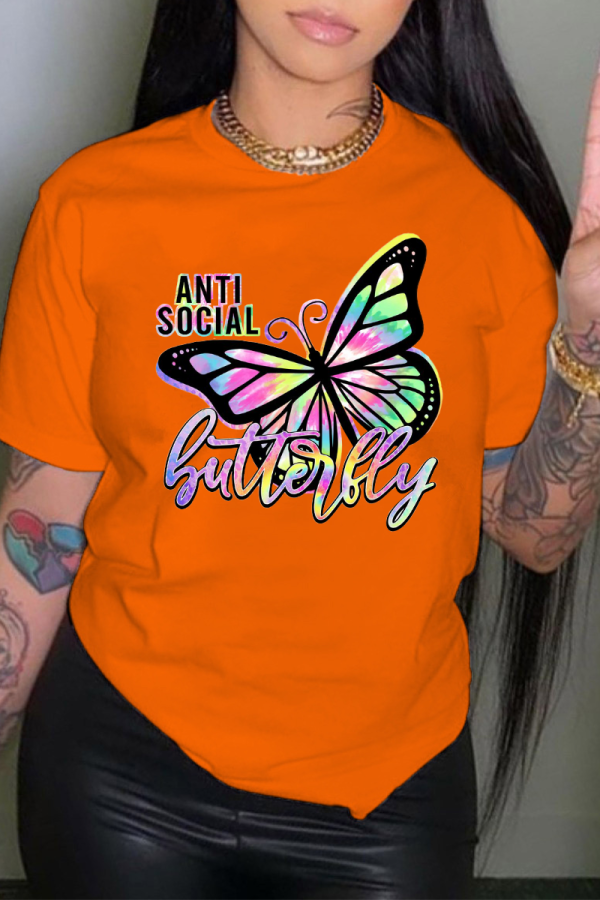 Оранжевые сексуальные повседневные футболки с круглым вырезом в стиле пэчворк с принтом бабочки