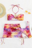 Multicolor Sexy Print Tie Dye Bandage Backless Swimwears Three Piece Set (With Paddings)