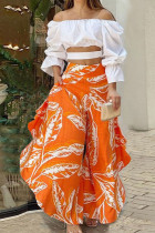 Orange Rouge Casual Sweet Print Patchwork Stringy Selvedge Off The Shoulder Long Sleeve Two Pieces