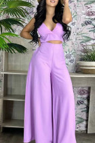 Purple Sexy Solid Patchwork V Neck Sleeveless Two Pieces