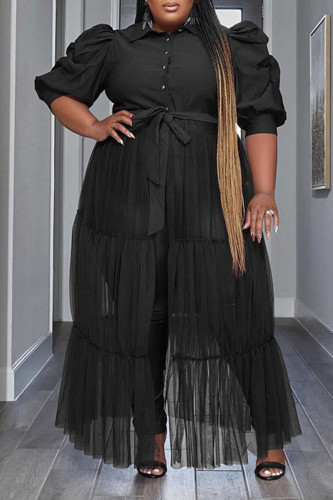Black Casual Elegant Solid Patchwork Buckle Fold Turndown Collar Cake Skirt Plus Size Dresses