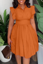 Оранжевые повседневные милые однотонные платья в стиле пэчворк с отложным воротником