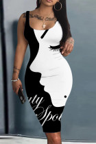 Vestidos de falda de lápiz con cuello en U de patchwork con estampado de calle sexy en blanco y negro