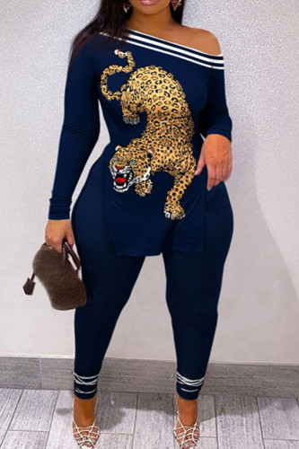Deep Blue Casual Street Print Patchwork Slit Oblique Collar Plus Size Two Pieces